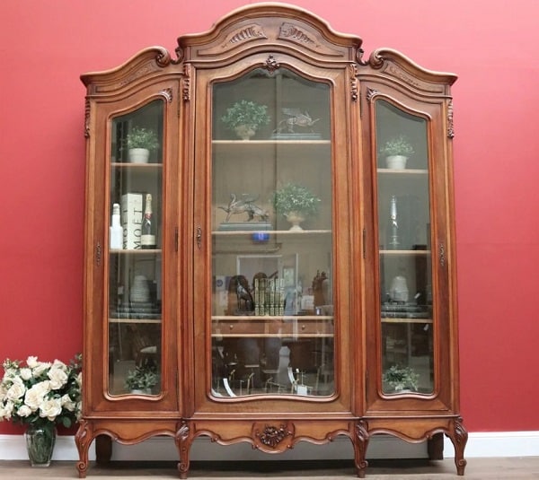 Antique 3 Door French Walnut Armoire Cabinet Bookcase Display Cabinet