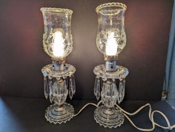 Antique Crystal Hurricane Boudoir Mantle Lamps with Etched Globes and Prisms