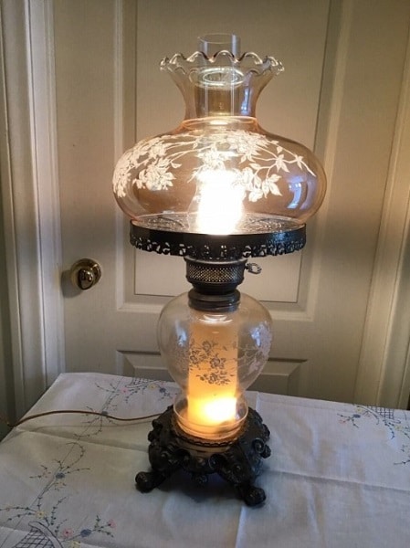 Antique Fenton GWTW Amber Glass Electric Hurricane Lamp - Bronze Flowers